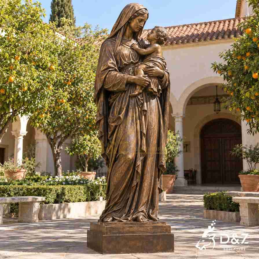Bronze Virgin Mary statue holding baby Jesus, with flowing robes and a gentle expression.