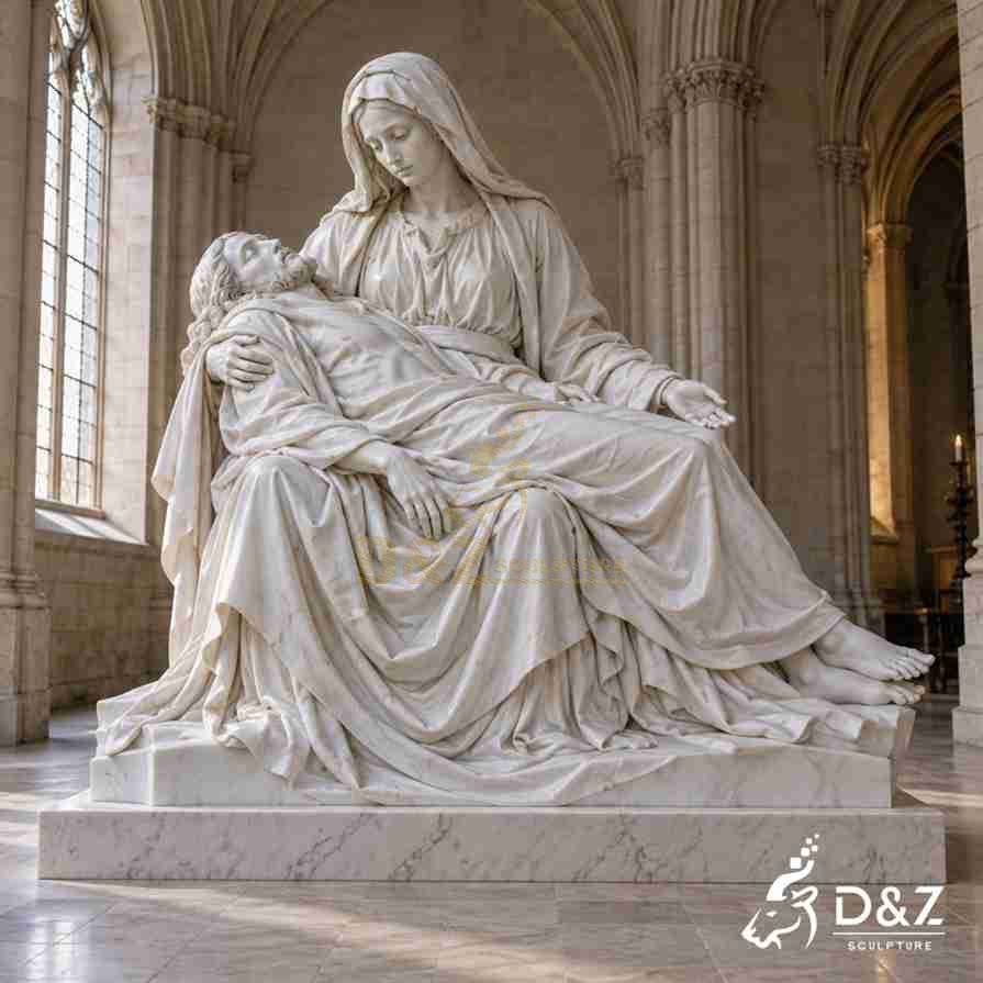White marble Pietà statue depicting the seated Virgin Mary cradling the body of Jesus across her lap