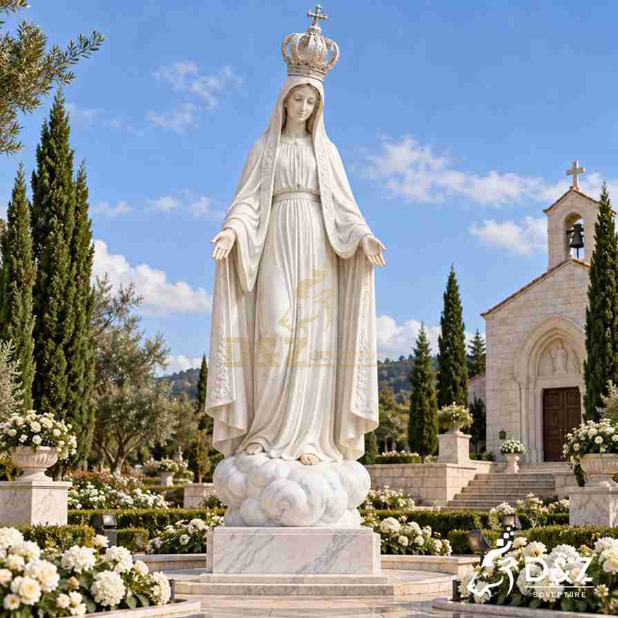 White marble Fatima Virgin Mary statue wearing a cross-topped crown, with open arms above a cloud-shaped base White marble Fatima Virgin Mary statue wearing a cross-topped crown, with open arms above a cloud-shaped base