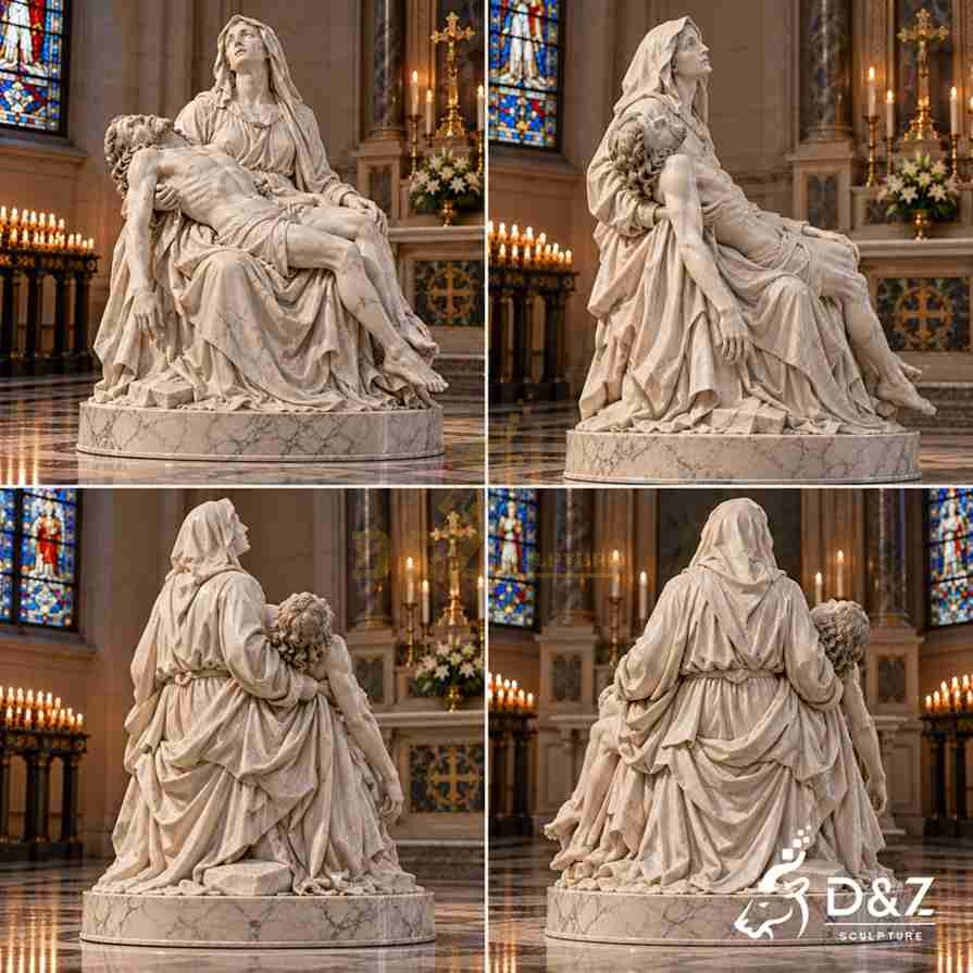 Front, side and rear views of a marble Pieta Virgin Mary statue showing the figures, drapery and rounded base. Front, side and rear views of a marble Pieta Virgin Mary statue showing the figures, drapery and rounded base.