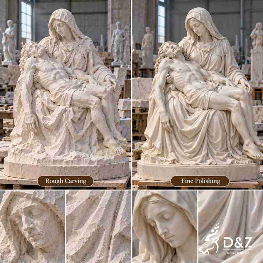 Comparison of rough carving and fine polishing on a marble Pieta statue, with face and drapery details. Comparison of rough carving and fine polishing on a marble Pieta statue, with face and drapery details.