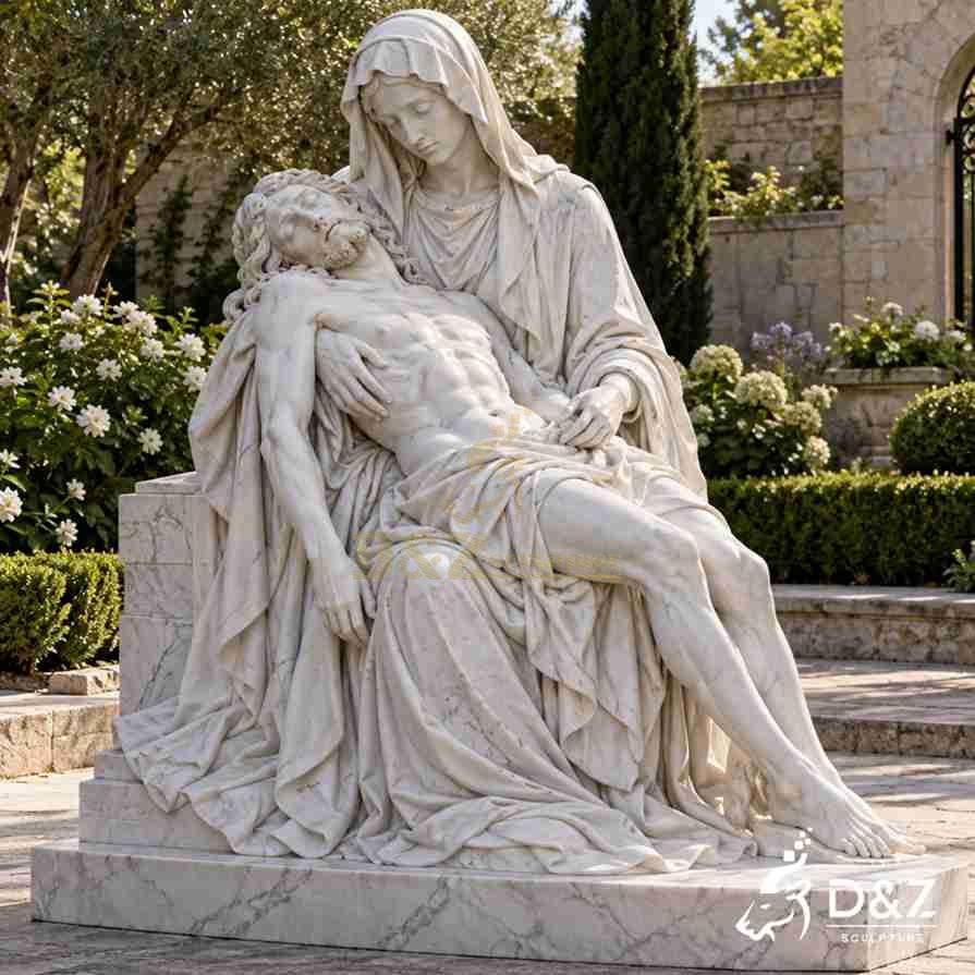 Marble Pieta statue with Mary cradling Jesus on an oval base in a sunlit stone courtyard. Marble Pieta statue with Mary cradling Jesus on an oval base in a sunlit stone courtyard.