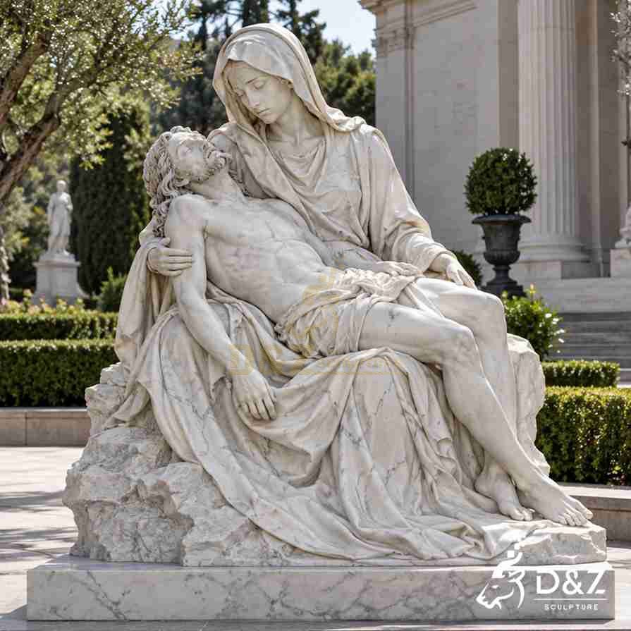 White marble Mary holding dead Jesus statue with a carved rock seat and rectangular base outside a classical building. White marble Mary holding dead Jesus statue with a carved rock seat and rectangular base outside a classical building.