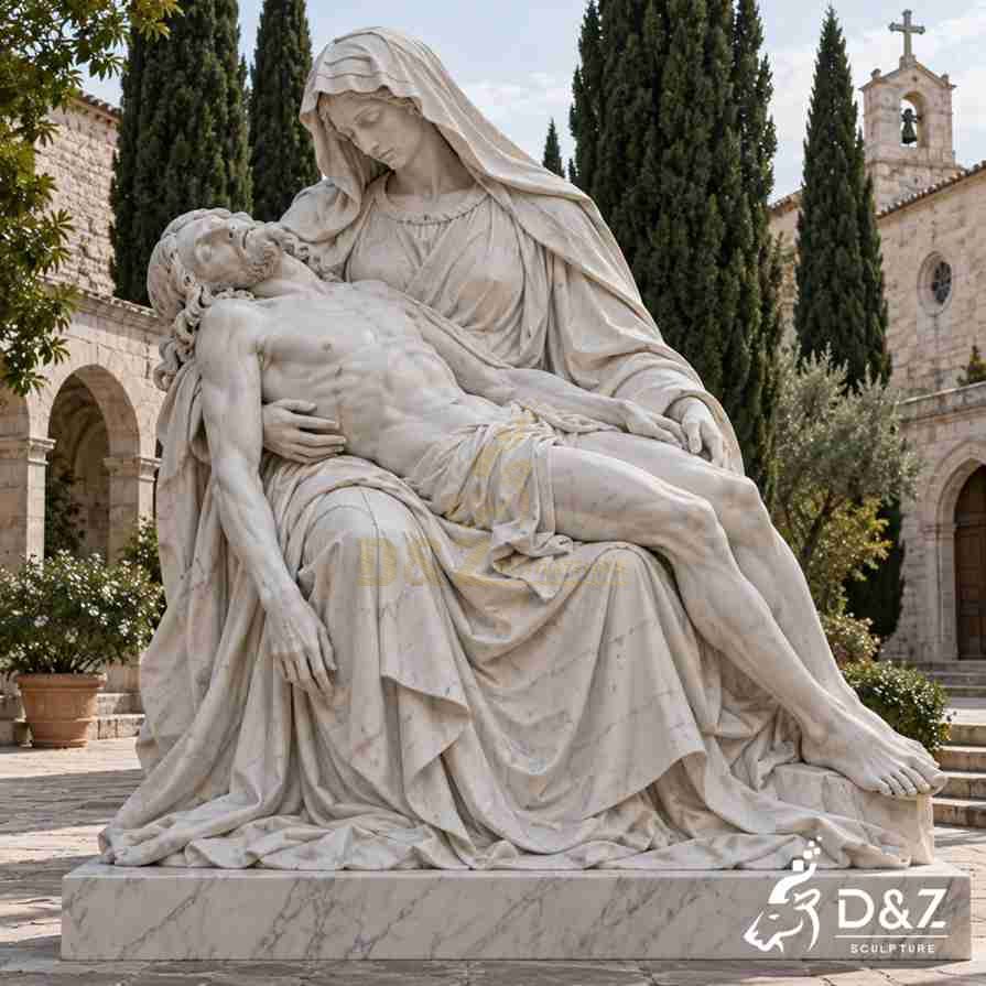 Marble Pieta sculpture with Mary holding Jesus across her lap on a textured rock base inside an art gallery. Marble Pieta sculpture with Mary holding Jesus across her lap on a textured rock base inside an art gallery.