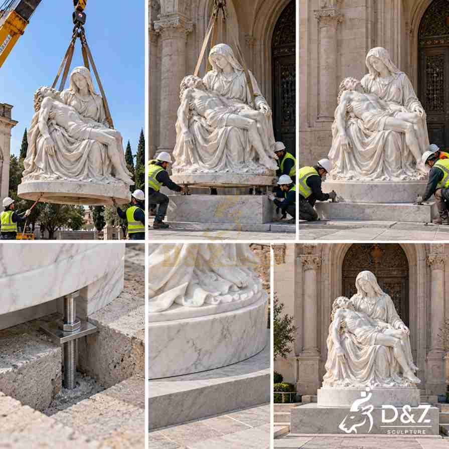 Installation illustration showing a marble Pieta statue being lifted, positioned and secured on a stone pedestal. Installation illustration showing a marble Pieta statue being lifted, positioned and secured on a stone pedestal.