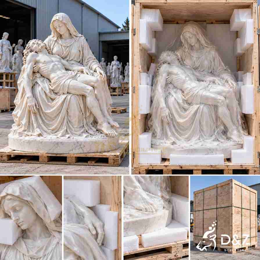 Packaging illustration showing a marble Pieta statue with protective wrapping, foam supports and a reinforced wooden crate. Packaging illustration showing a marble Pieta statue with protective wrapping, foam supports and a reinforced wooden crate.