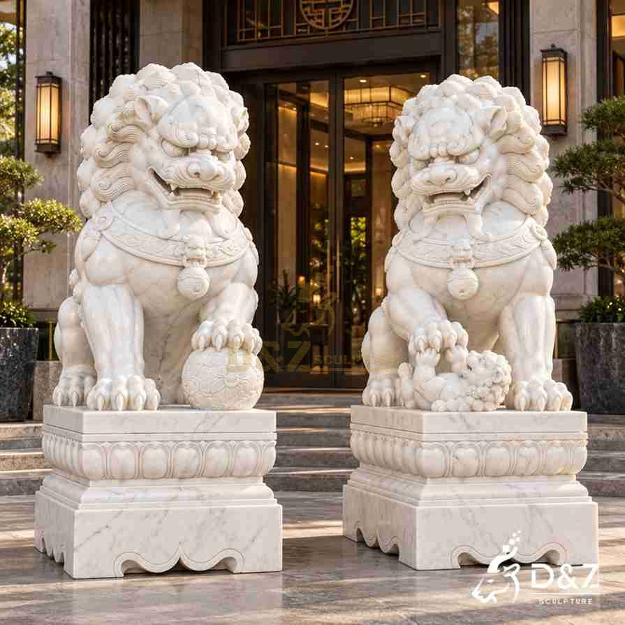 Pair of white marble foo dog statues with a carved ball and lion cub, featuring curled manes, collar bells, and decorative lotus bases at a villa entrance. Pair of white marble foo dog statues with a carved ball and lion cub, featuring curled manes, collar bells, and decorative lotus bases at a villa entrance.
