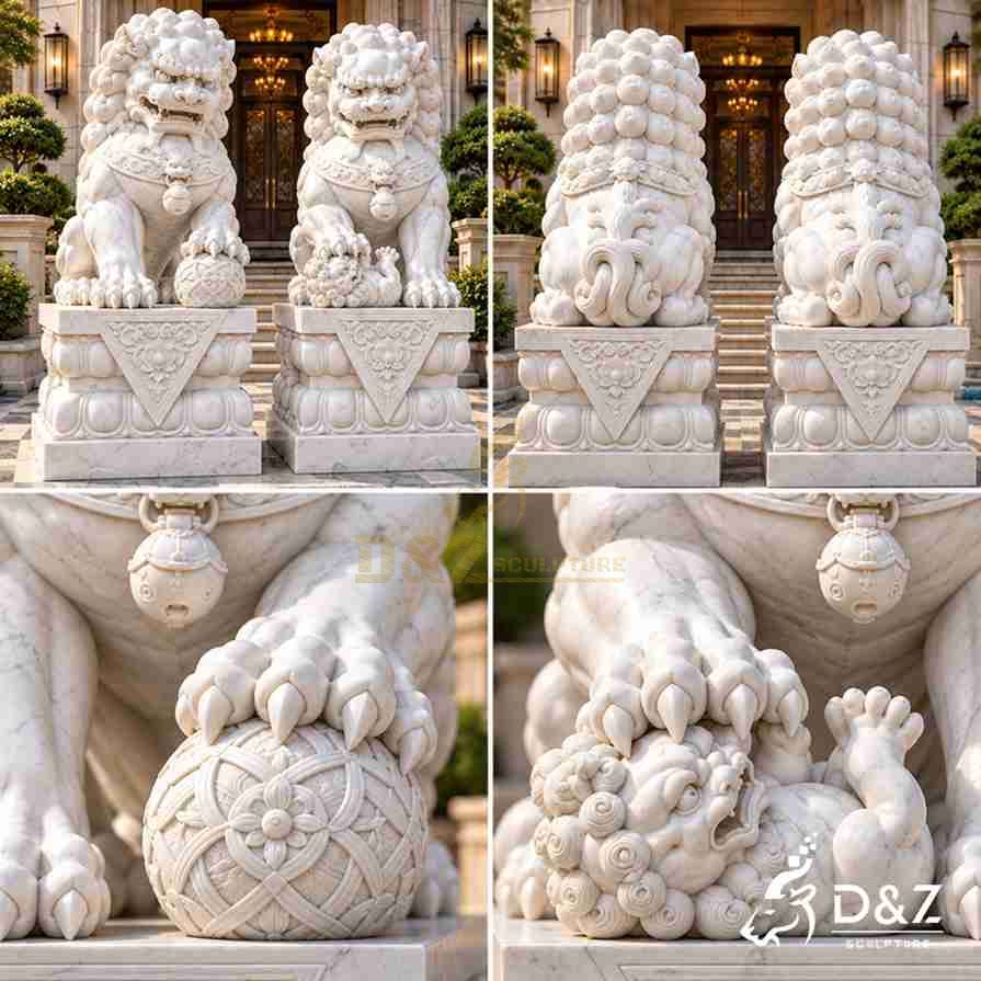 Multiple views of marble foo dog statues showing the front, back, curled tails, carved manes, detailed paws, decorative ball, and lion cub. Multiple views of marble foo dog statues showing the front, back, curled tails, carved manes, detailed paws, decorative ball, and lion cub.