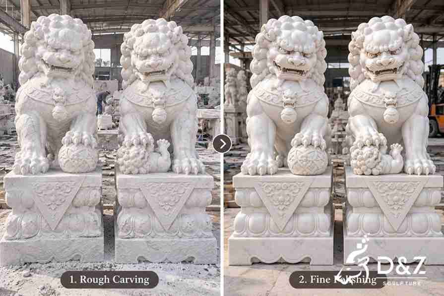 Side-by-side comparison of rough carving and fine polishing on a pair of marble foo dog statues, showing detailed manes, facial features, paws, and bases. Side-by-side comparison of rough carving and fine polishing on a pair of marble foo dog statues, showing detailed manes, facial features, paws, and bases.