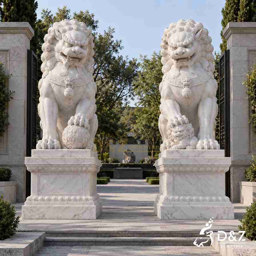 Pair of large outdoor marble foo dog statues placed on matching white stone pedestals at a landscaped entrance, with a ball under one lion's paw and a cub under the other. Pair of large outdoor marble foo dog statues placed on matching white stone pedestals at a landscaped entrance, with a ball under one lion's paw and a cub under the other.