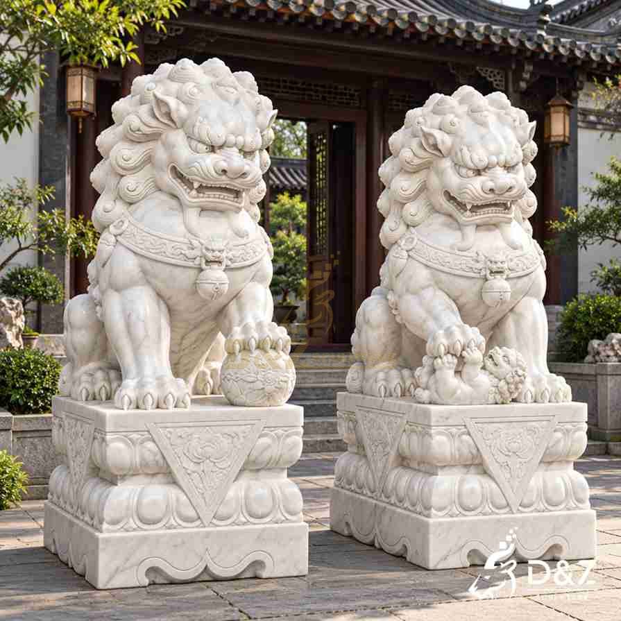Chinese marble foo dog statues with intricate curled manes, carved collar bells, and floral lotus bases displayed at a traditional Chinese courtyard entrance. Chinese marble foo dog statues with intricate curled manes, carved collar bells, and floral lotus bases displayed at a traditional Chinese courtyard entrance.