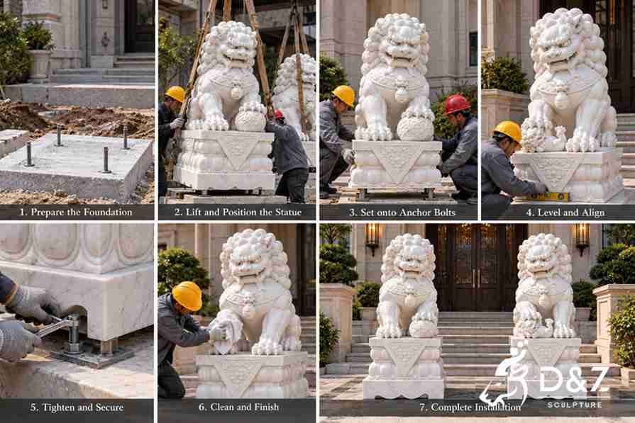 Illustrated installation process for large marble foo dog statues showing concrete foundation preparation, crane lifting, anchor bolt fixing, leveling, and final positioning. Illustrated installation process for large marble foo dog statues showing concrete foundation preparation, crane lifting, anchor bolt fixing, leveling, and final positioning.