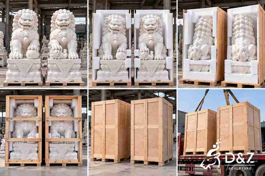Illustrated packaging process for marble foo dog statues showing protective foam supports, individual wooden crates, and reinforced shipping boxes. Illustrated packaging process for marble foo dog statues showing protective foam supports, individual wooden crates, and reinforced shipping boxes.