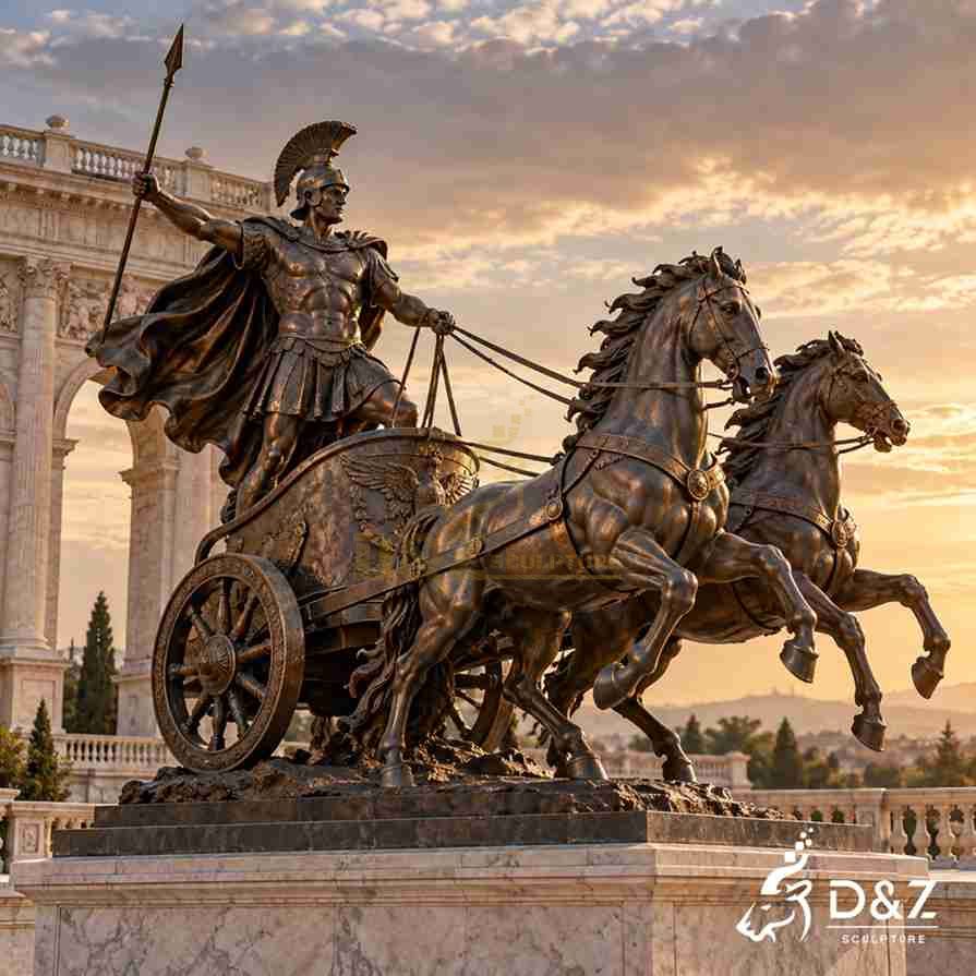 Large bronze Roman chariot statue featuring an armored warrior holding a spear and reins, with two rearing horses and an antique bronze finish.