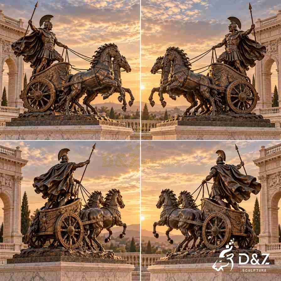 Four views of a bronze Roman chariot statue showing an armored warrior, two horses, decorative chariot wheels, flowing cloak, and detailed bronze reliefs.