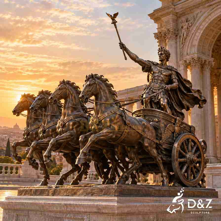 Large bronze Roman chariot sculpture with four rearing horses, a classical warrior holding an eagle-topped staff, and an ornate two-wheeled chariot.