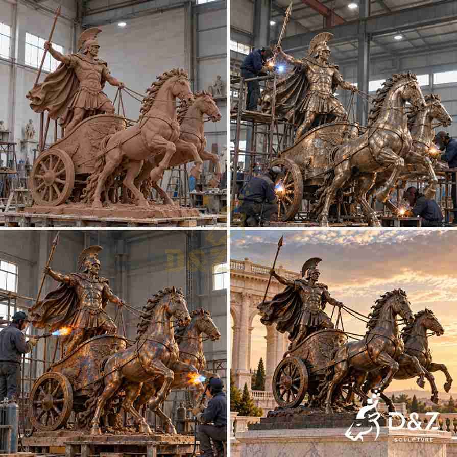 Illustrated production stages of a bronze Roman chariot statue, showing clay modeling, metal welding, surface patina treatment, and the finished sculpture.