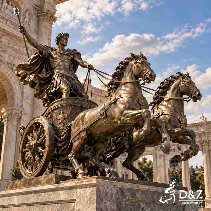 Three-quarter view of a bronze Roman chariot statue featuring two rearing horses, a warrior holding a raised spear, ornate chariot wheels, and classical architecture.