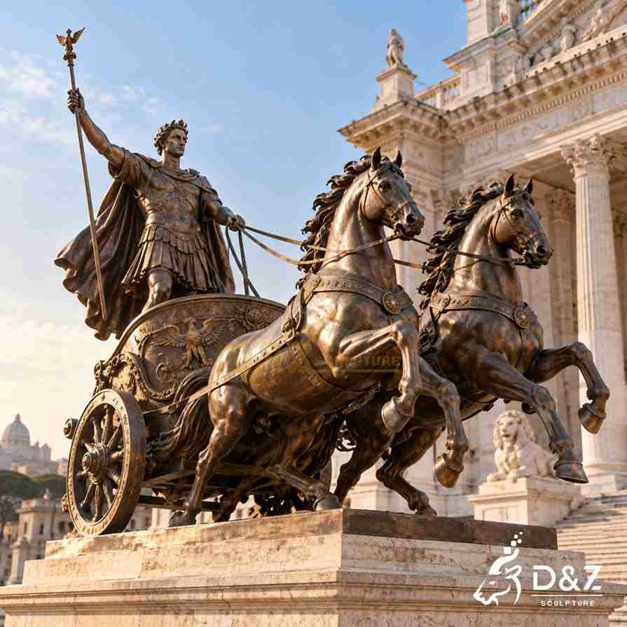 Large outdoor bronze Roman chariot sculpture with an armored warrior, two galloping horses, detailed harnesses, and a decorated chariot beside classical architecture.
