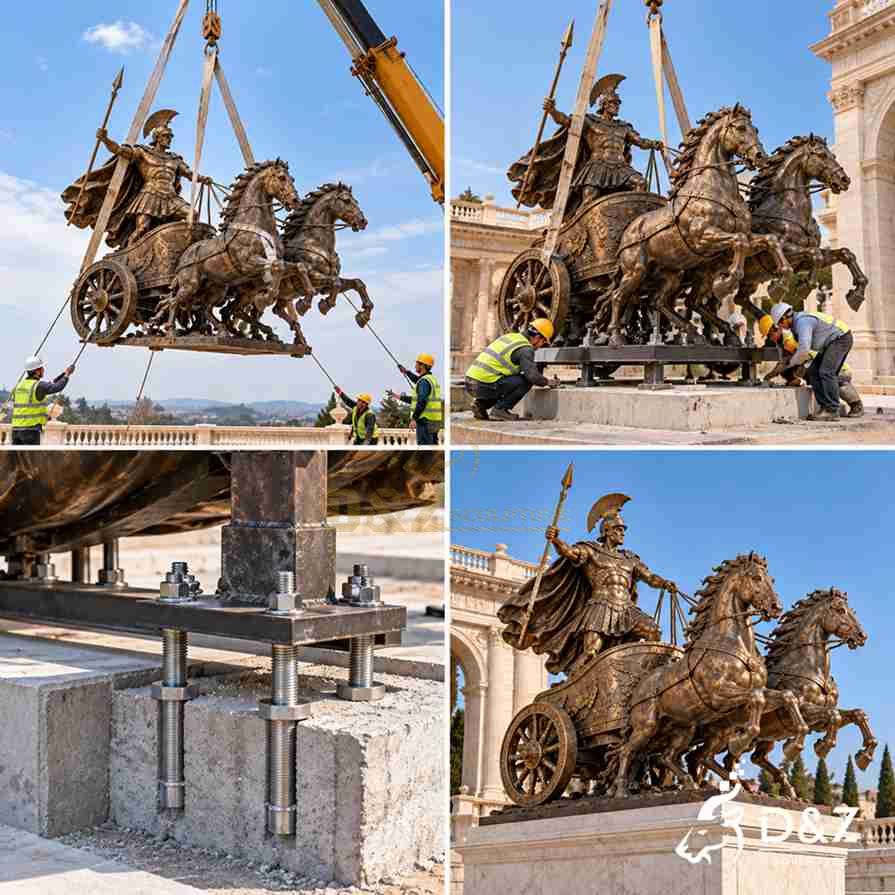 Illustrated installation process of a large bronze Roman chariot statue showing crane lifting, positioning, steel supports, anchor bolts, and the completed sculpture.