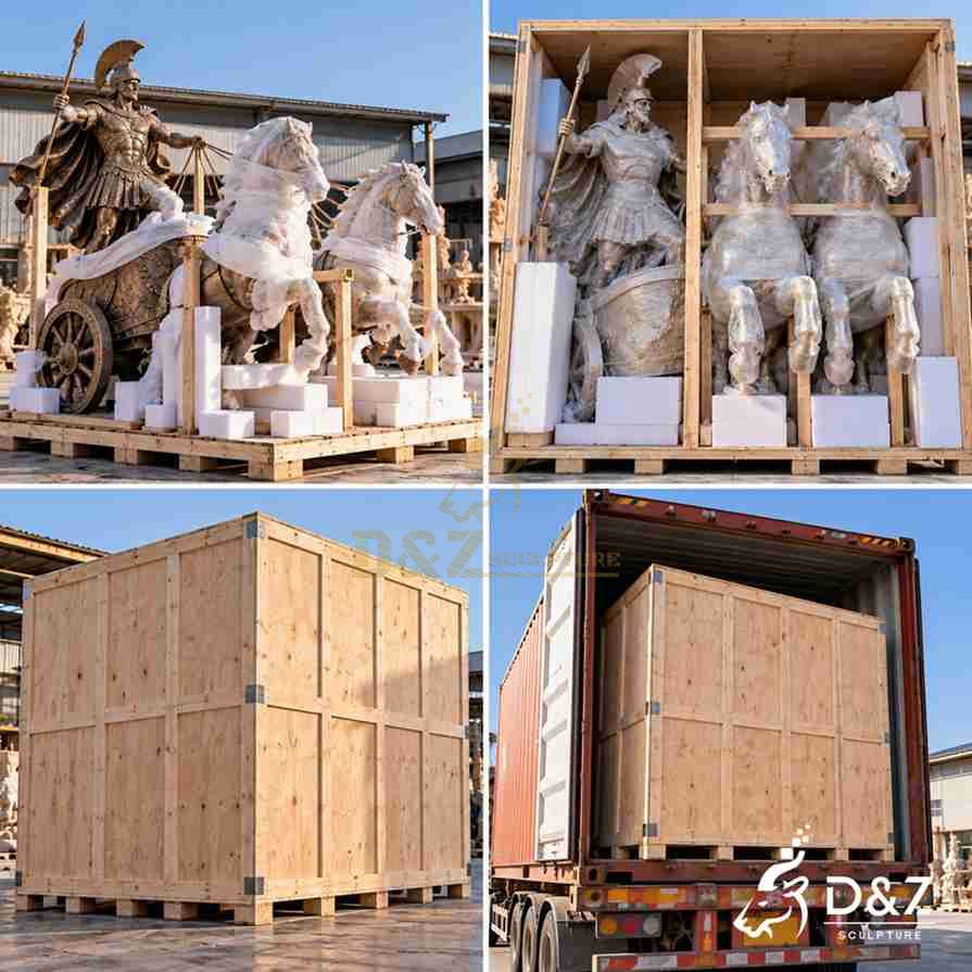 Illustrated export packaging of a bronze Roman chariot statue with protective foam, wooden support frames, reinforced shipping crates, and container loading.