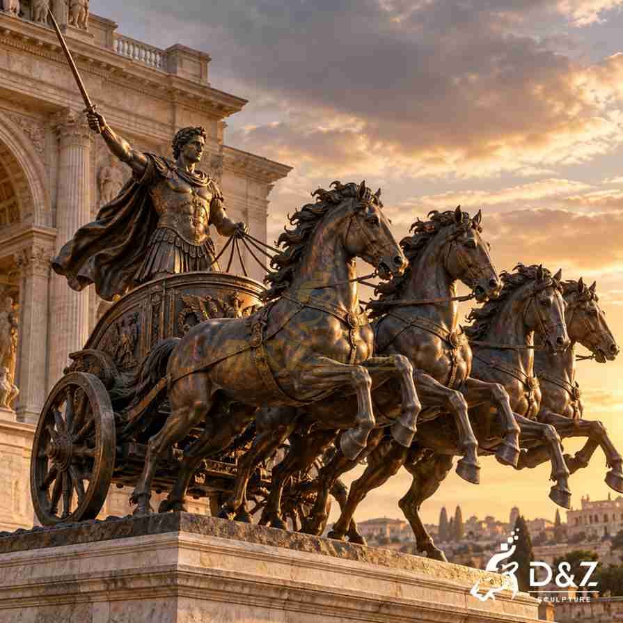 Monumental bronze Roman chariot statue with four galloping horses, a Roman warrior holding a raised spear, detailed chariot wheels, and a stone pedestal.