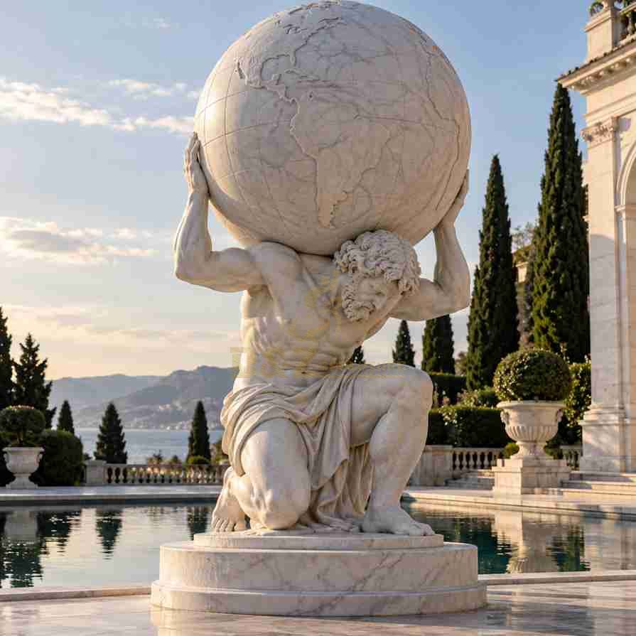 White marble Atlas holding up the world statue featuring a muscular kneeling figure supporting a large carved globe in a classical outdoor garden. White marble Atlas holding up the world statue featuring a muscular kneeling figure supporting a large carved globe in a classical outdoor garden.