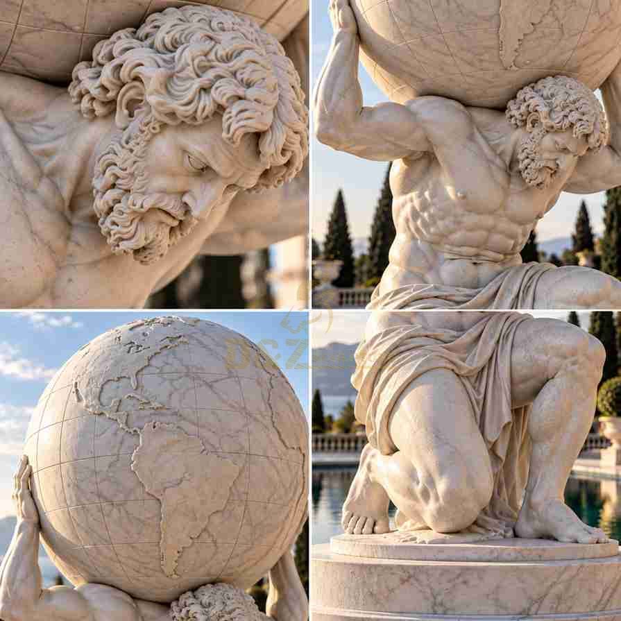 Close-up views of a marble Atlas statue showing detailed facial features, curly hair, muscular arms, carved globe continents, and kneeling legs. Close-up views of a marble Atlas statue showing detailed facial features, curly hair, muscular arms, carved globe continents, and kneeling legs.