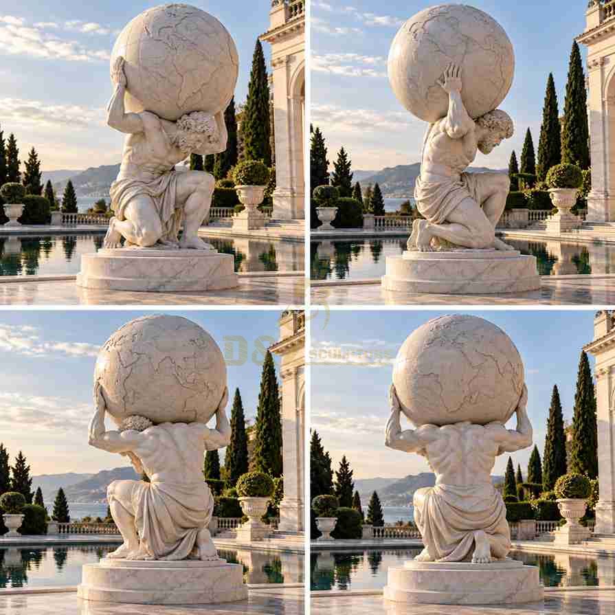Four views of a white marble Atlas holding globe statue showing the front, side, back, muscular body, raised arms, and detailed world globe. Four views of a white marble Atlas holding globe statue showing the front, side, back, muscular body, raised arms, and detailed world globe.