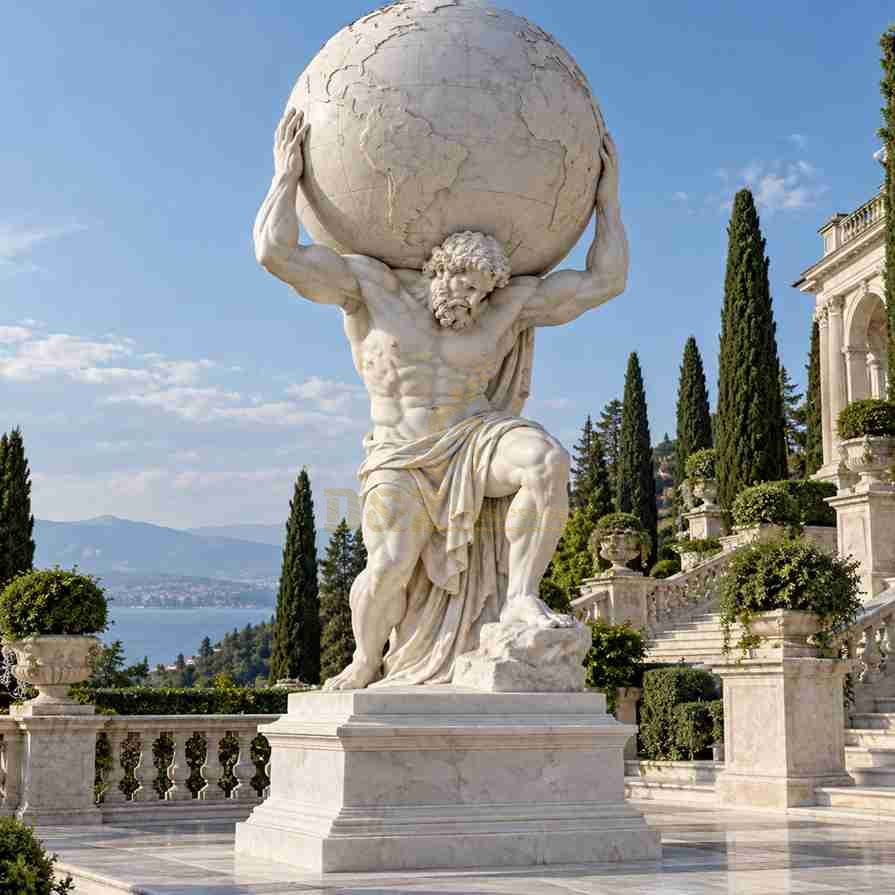 Large white marble Atlas statue standing with one foot raised on a rock, supporting a carved world globe above his shoulders in a classical villa garden. Large white marble Atlas statue standing with one foot raised on a rock, supporting a carved world globe above his shoulders in a classical villa garden.