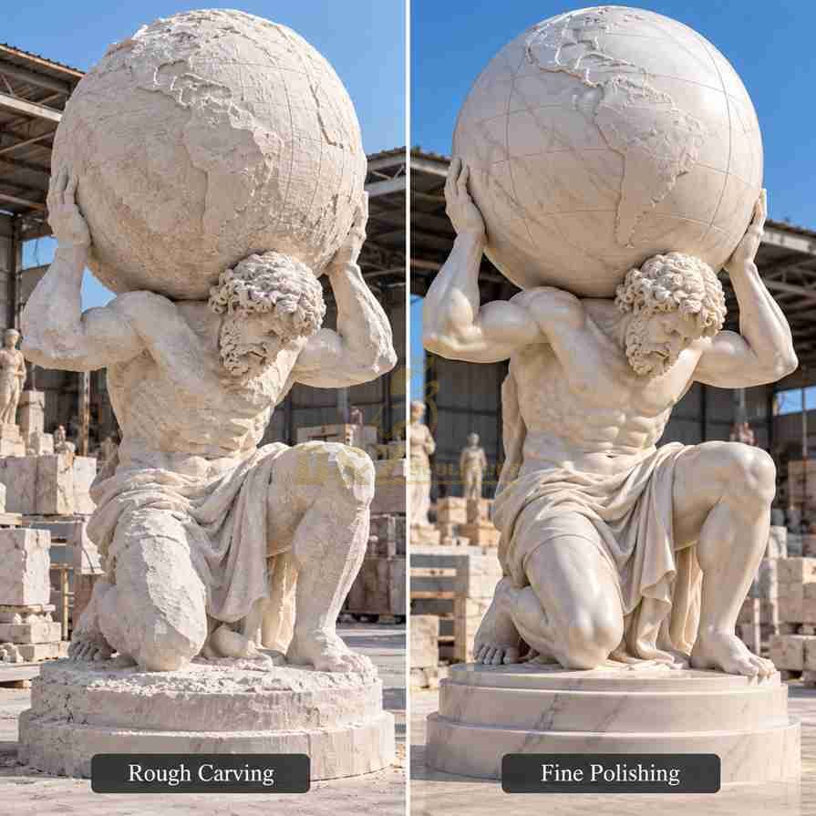 Comparison of rough carving and fine polishing on a marble Atlas statue, showing the transformation of the muscular figure, globe details, and surface finish. Comparison of rough carving and fine polishing on a marble Atlas statue, showing the transformation of the muscular figure, globe details, and surface finish.