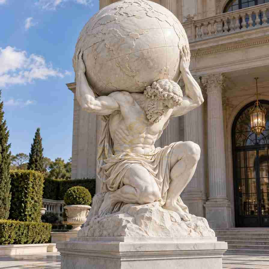 White marble Atlas carrying the world statue featuring a kneeling muscular figure with curly hair and a beard, supporting a large globe on a carved rock base. White marble Atlas carrying the world statue featuring a kneeling muscular figure with curly hair and a beard, supporting a large globe on a carved rock base.