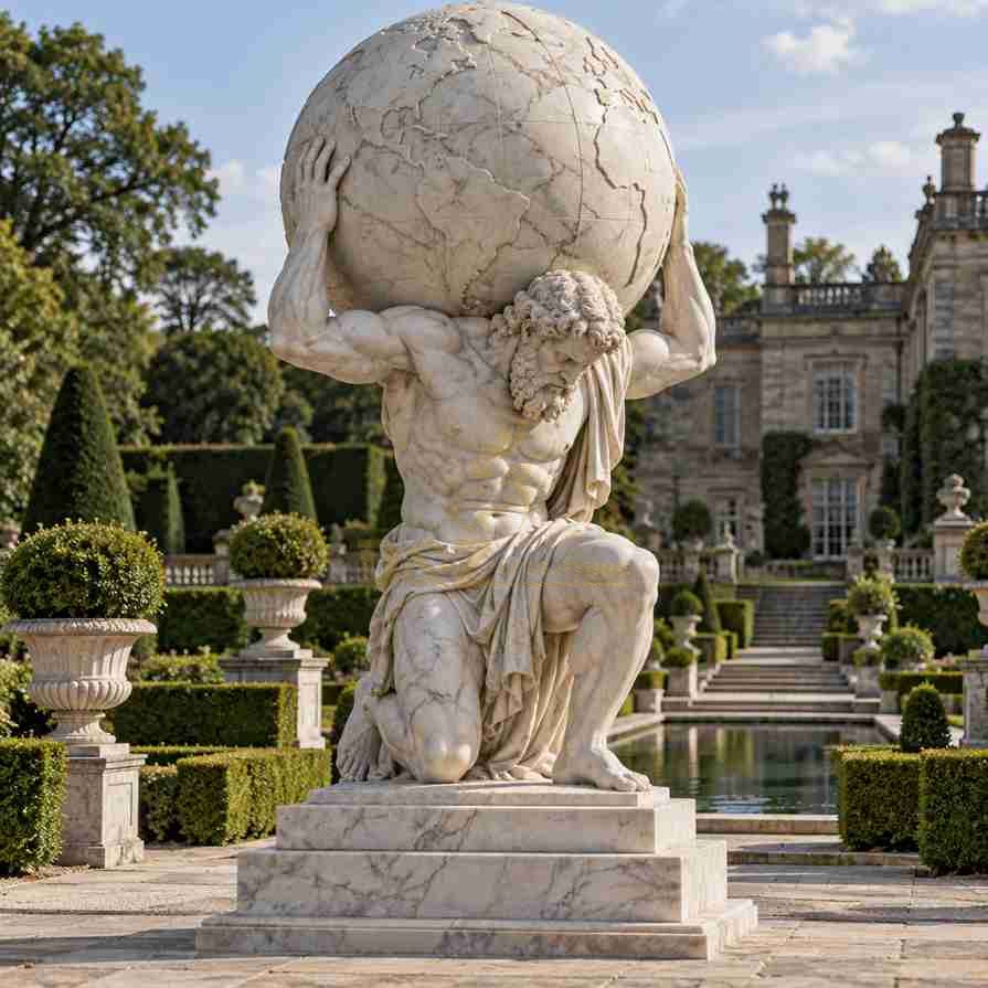 Large marble Atlas statue kneeling beneath a detailed world globe on a square stone pedestal in a landscaped European-style garden. Large marble Atlas statue kneeling beneath a detailed world globe on a square stone pedestal in a landscaped European-style garden.