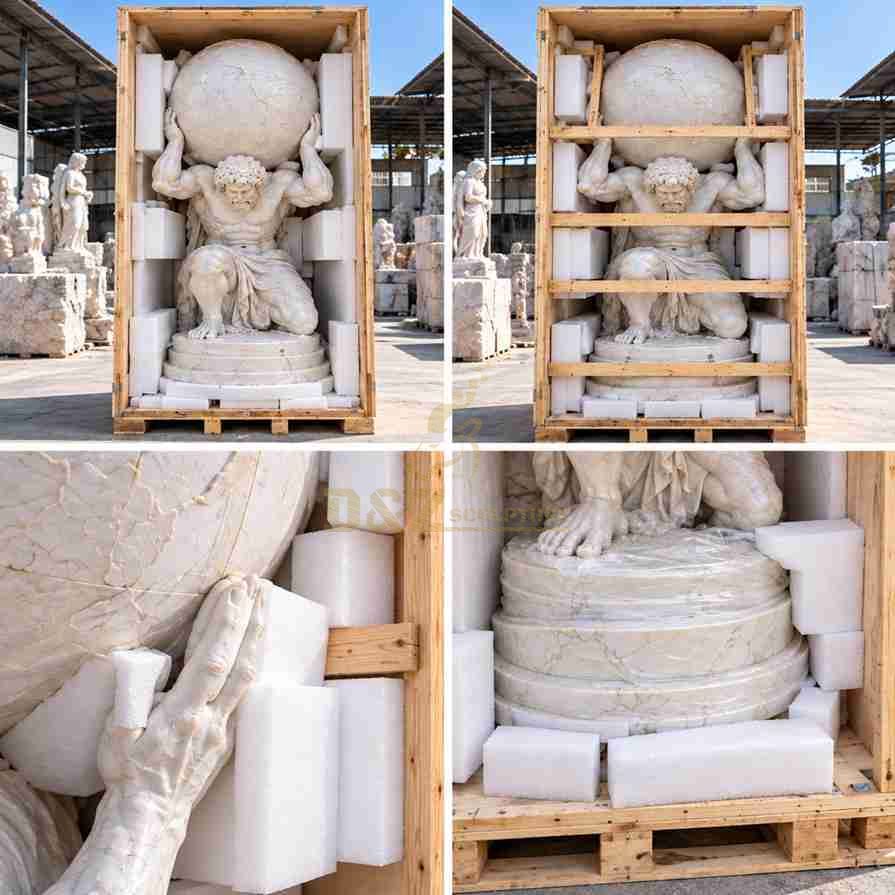 Illustrated packaging details for a marble Atlas holding globe statue, showing protective foam blocks, wooden crate supports, and protection for the globe and pedestal. Illustrated packaging details for a marble Atlas holding globe statue, showing protective foam blocks, wooden crate supports, and protection for the globe and pedestal.