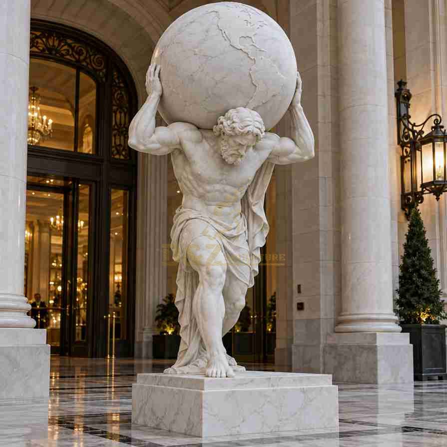 White marble Atlas holding globe statue featuring a standing muscular figure with one leg forward, displayed on a square pedestal inside a grand hotel lobby. White marble Atlas holding globe statue featuring a standing muscular figure with one leg forward, displayed on a square pedestal inside a grand hotel lobby.