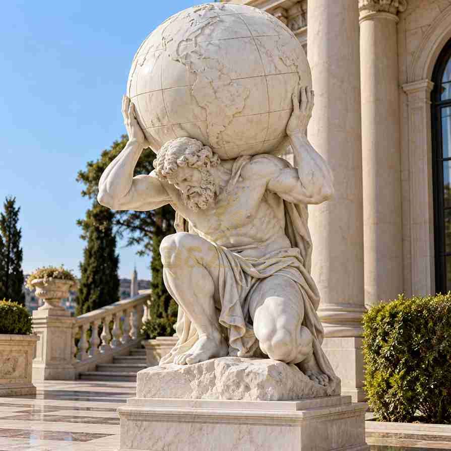 Large white marble Atlas holding up the world statue with a kneeling pose, muscular arms, carved globe, rock base, and square marble pedestal outside a classical building. Large white marble Atlas holding up the world statue with a kneeling pose, muscular arms, carved globe, rock base, and square marble pedestal outside a classical building.