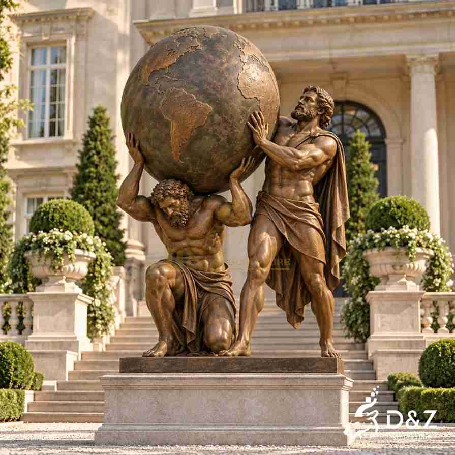 Large bronze Hercules Atlas statue with two muscular Greek mythological figures supporting a globe outside a classical villa. Large bronze Hercules Atlas statue with two muscular Greek mythological figures supporting a globe outside a classical villa.