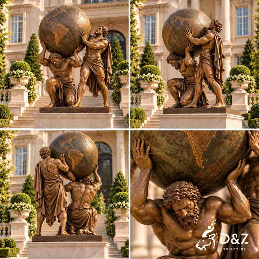 Four-view illustration of a bronze Hercules and Atlas statue showing the front, side, rear, and detailed figure design. Four-view illustration of a bronze Hercules and Atlas statue showing the front, side, rear, and detailed figure design.