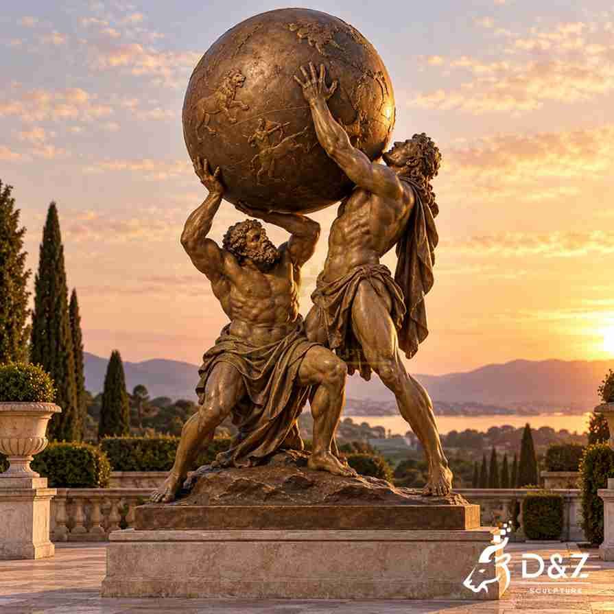 Two Greek mythological figures lifting a bronze globe decorated with celestial reliefs on a classical terrace at sunset. Two Greek mythological figures lifting a bronze globe decorated with celestial reliefs on a classical terrace at sunset.