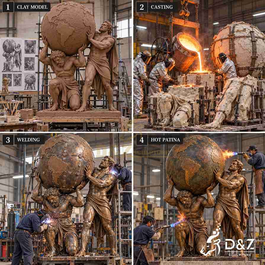Illustrated bronze sculpture production process showing clay modeling, metal casting, welding, and hot patina finishing. Illustrated bronze sculpture production process showing clay modeling, metal casting, welding, and hot patina finishing.