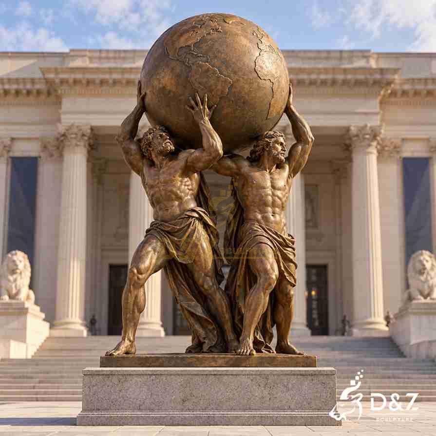 Large bronze Atlas globe statue design with two standing muscular male figures lifting a world sphere outside a museum. Large bronze Atlas globe statue design with two standing muscular male figures lifting a world sphere outside a museum.