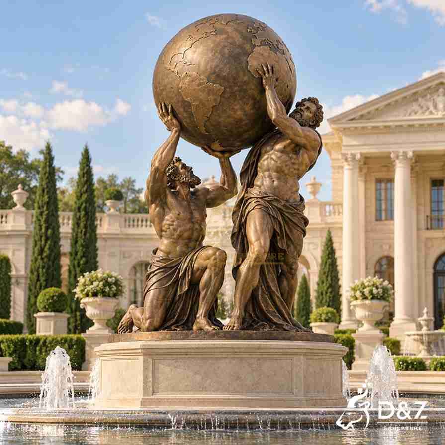 Large bronze Hercules and Atlas sculpture featuring two figures supporting a globe beside a classical garden fountain. Large bronze Hercules and Atlas sculpture featuring two figures supporting a globe beside a classical garden fountain.