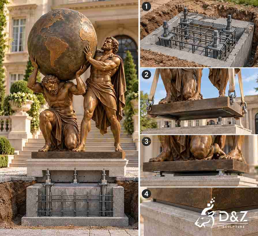 Illustrated installation plan for a large bronze Atlas statue showing a reinforced foundation and anchor bolt connections. Illustrated installation plan for a large bronze Atlas statue showing a reinforced foundation and anchor bolt connections.