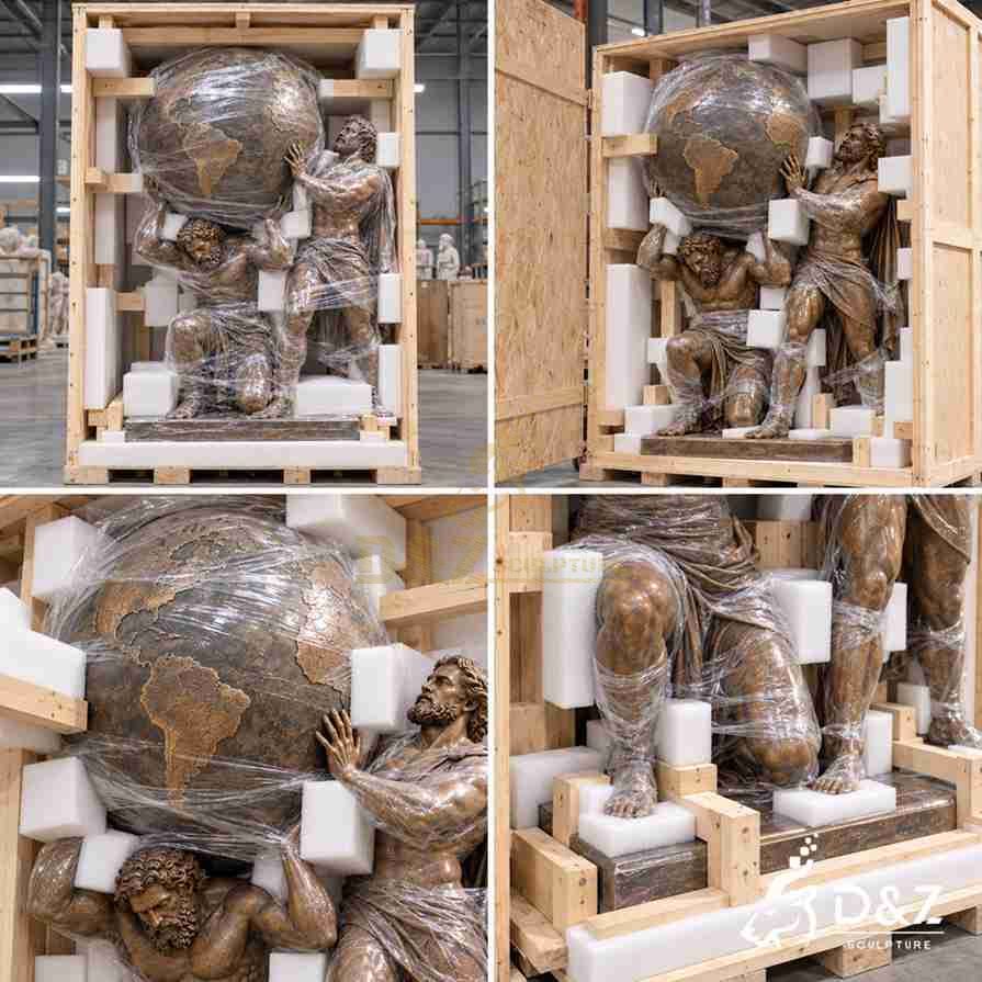 Export packaging concept for a bronze Hercules Atlas statue with protective film, foam supports, and a reinforced wooden crate. Export packaging concept for a bronze Hercules Atlas statue with protective film, foam supports, and a reinforced wooden crate.