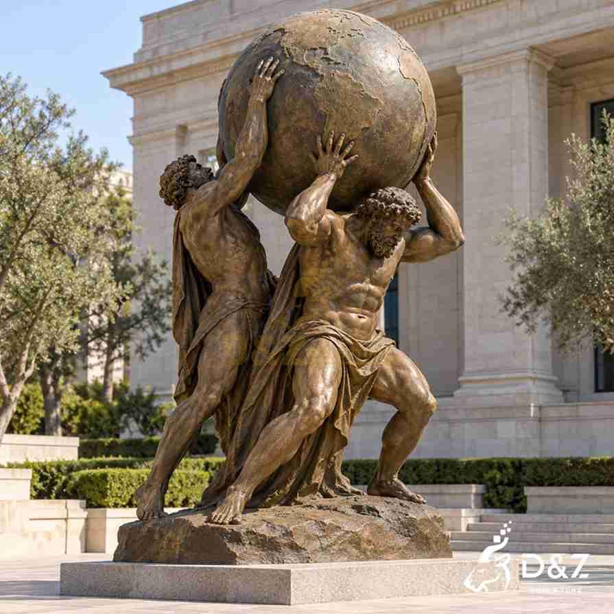 Side perspective of a bronze Hercules and Atlas sculpture with two muscular figures supporting a globe on a rock-textured base. Side perspective of a bronze Hercules and Atlas sculpture with two muscular figures supporting a globe on a rock-textured base.