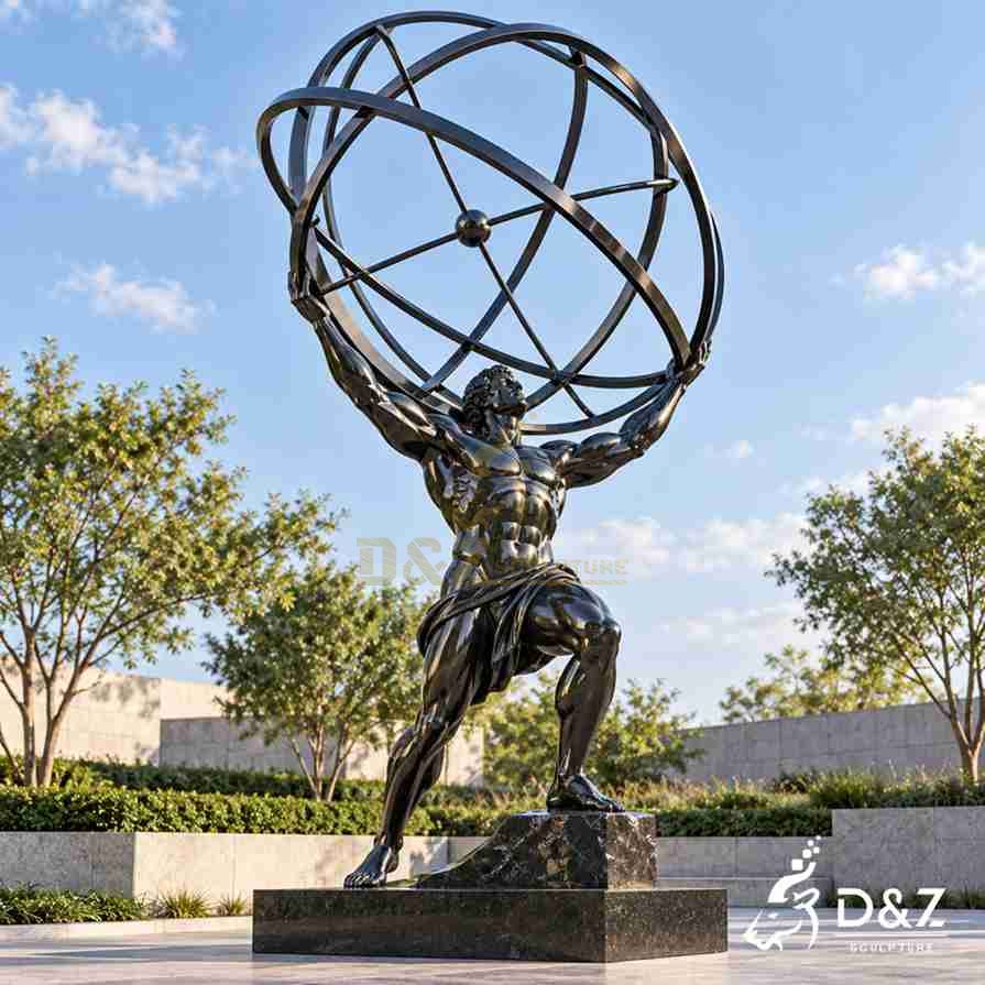 Large black stainless steel Atlas carrying the world sculpture with an openwork celestial sphere and black marble base in a modern outdoor plaza.