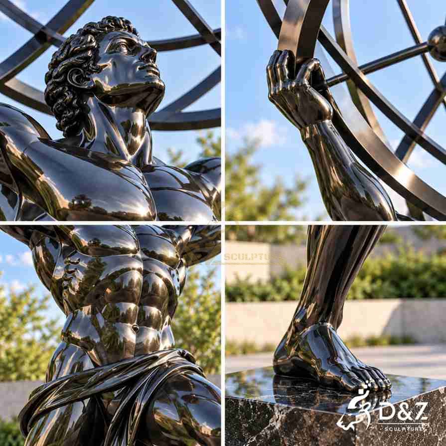 Four close-up views of a black mirror-finished Atlas sculpture showing the face, hands, muscular torso, and foot connection.