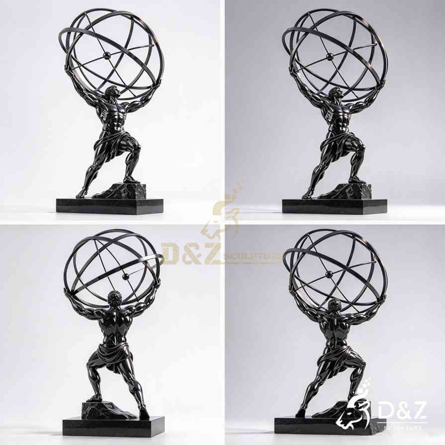 Four perspective views of a large black stainless steel Atlas sculpture holding an openwork metal sphere on a stone base.