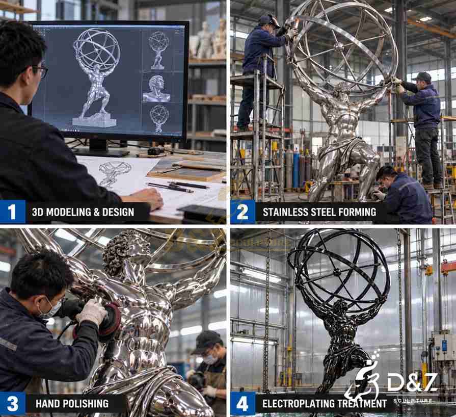 Illustrated stainless steel Atlas sculpture production process showing 3D modeling, metal forming, hand polishing, and black electroplating.