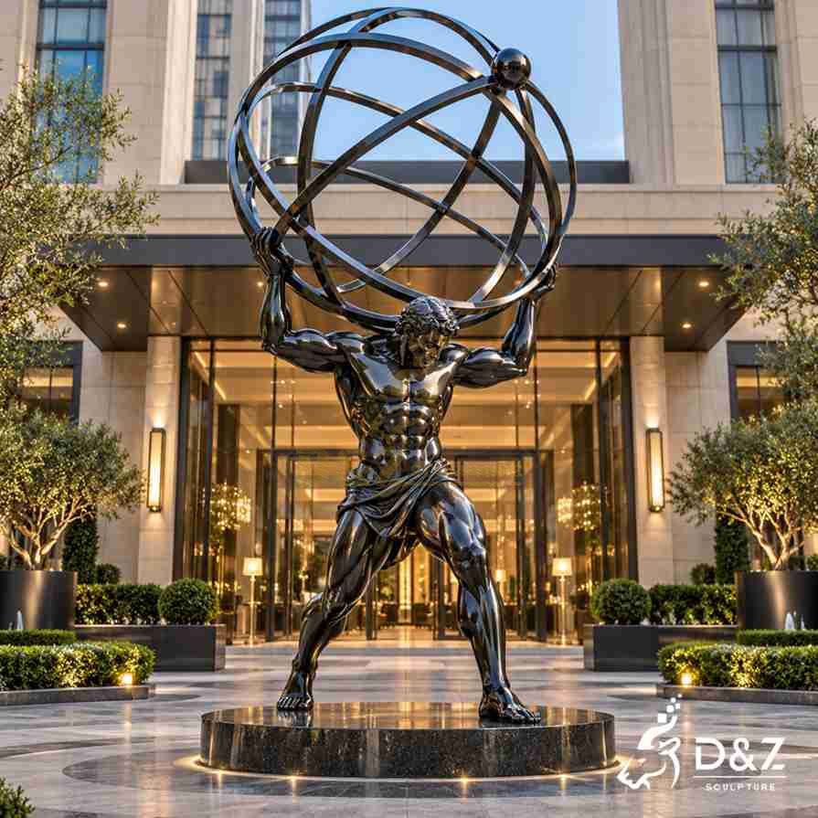 Large black mirror-polished Atlas sculpture supporting a metal celestial sphere outside the entrance of a luxury hotel.